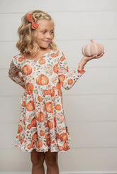 Pumpkin Floral Print Long Sleeve Twirl Dress
